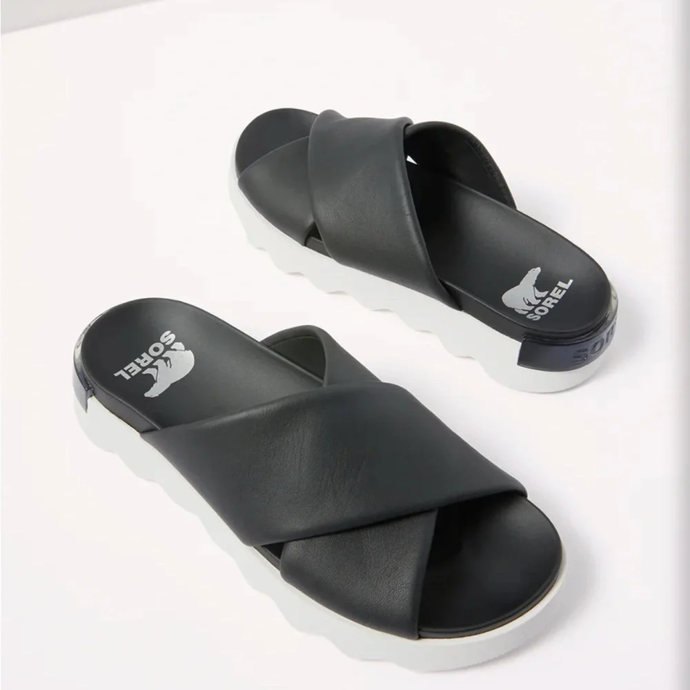 Sorel Black and White Platform Slide Sandals